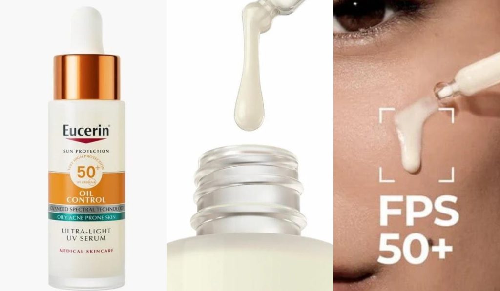 Eucerin Sun Face Oil Control Serum UV FPS50+ con textura ligera y acabado matificante