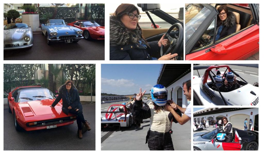 Collage de Sonia Gil junto a coches clásicos y deportivos, al volante de un coche rojo y con casco en un circuito.