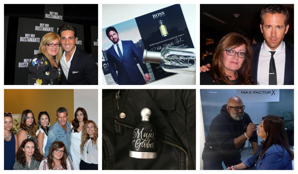 Collage de Sonia Gil en encuentros de perfumería y belleza, incluida una sesión de maquillaje con Marc Pastor para Max Factor.