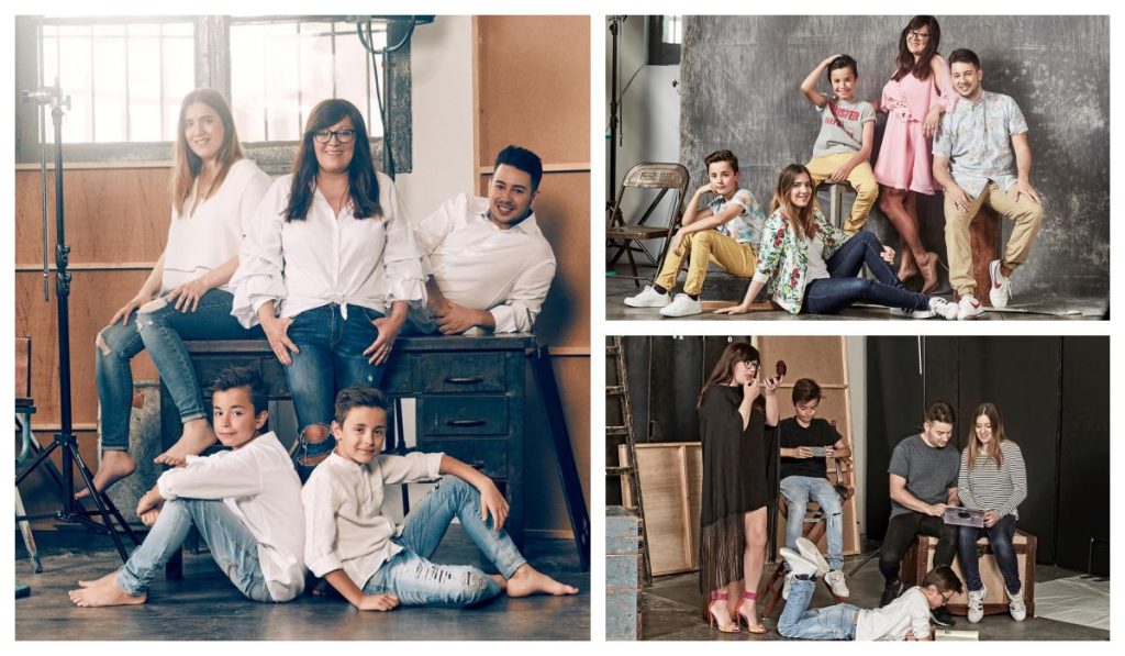 Sonia Gil con sus cuatro hijos en un collage de la sesión de fotos de Clarins por el Día de la Madre.