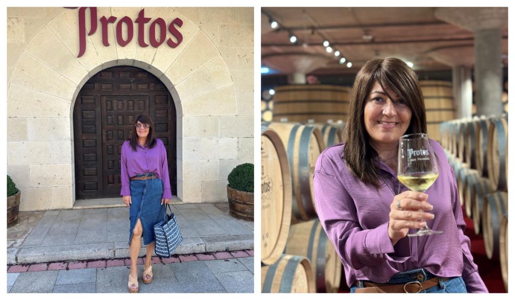 Collage de Sonia Gil brindando con una copa de Protos y en la entrada de la bodega, bajo el rótulo de la firma.