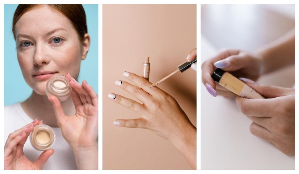 Collage de maquillaje en tarro, producto líquido aplicado sobre la mano y envase con dosificador.